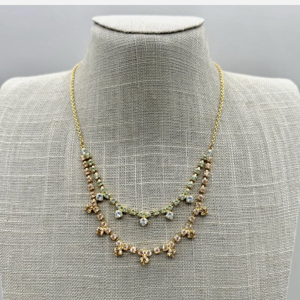 Necklace Elegant Colorful Rhinestones Gold Tone double strand
